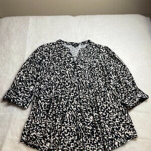 Cocoma Womens Black White Abstract Print Puff Sleeve Blouse Top Plus Size 3X